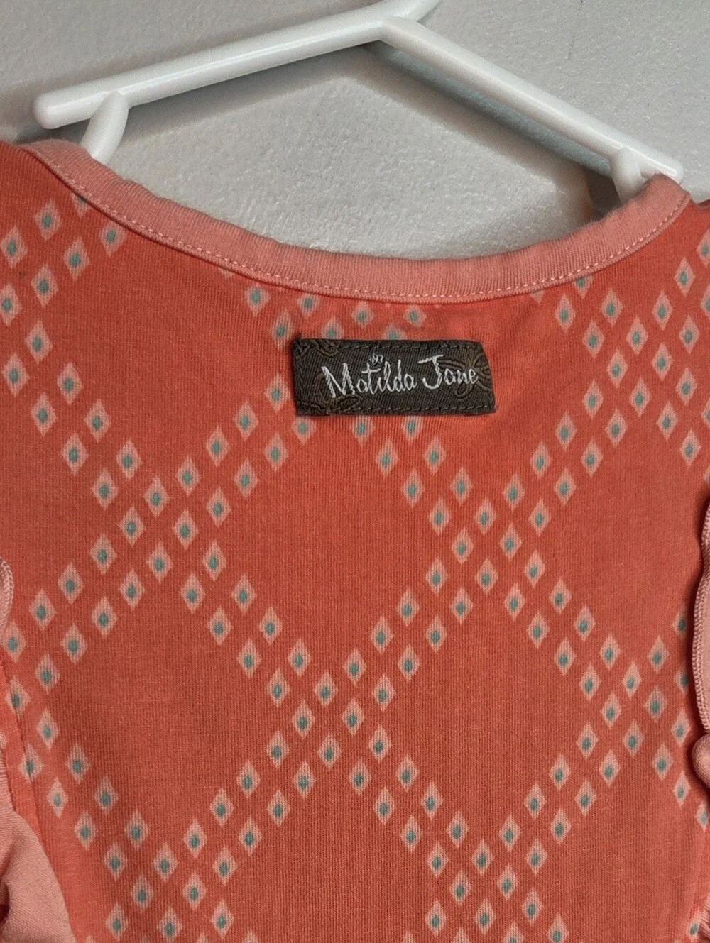 Matilda Jane Girls Coral Ruffle Romper Jumpsuit Size 4 Diamond Print Pockets